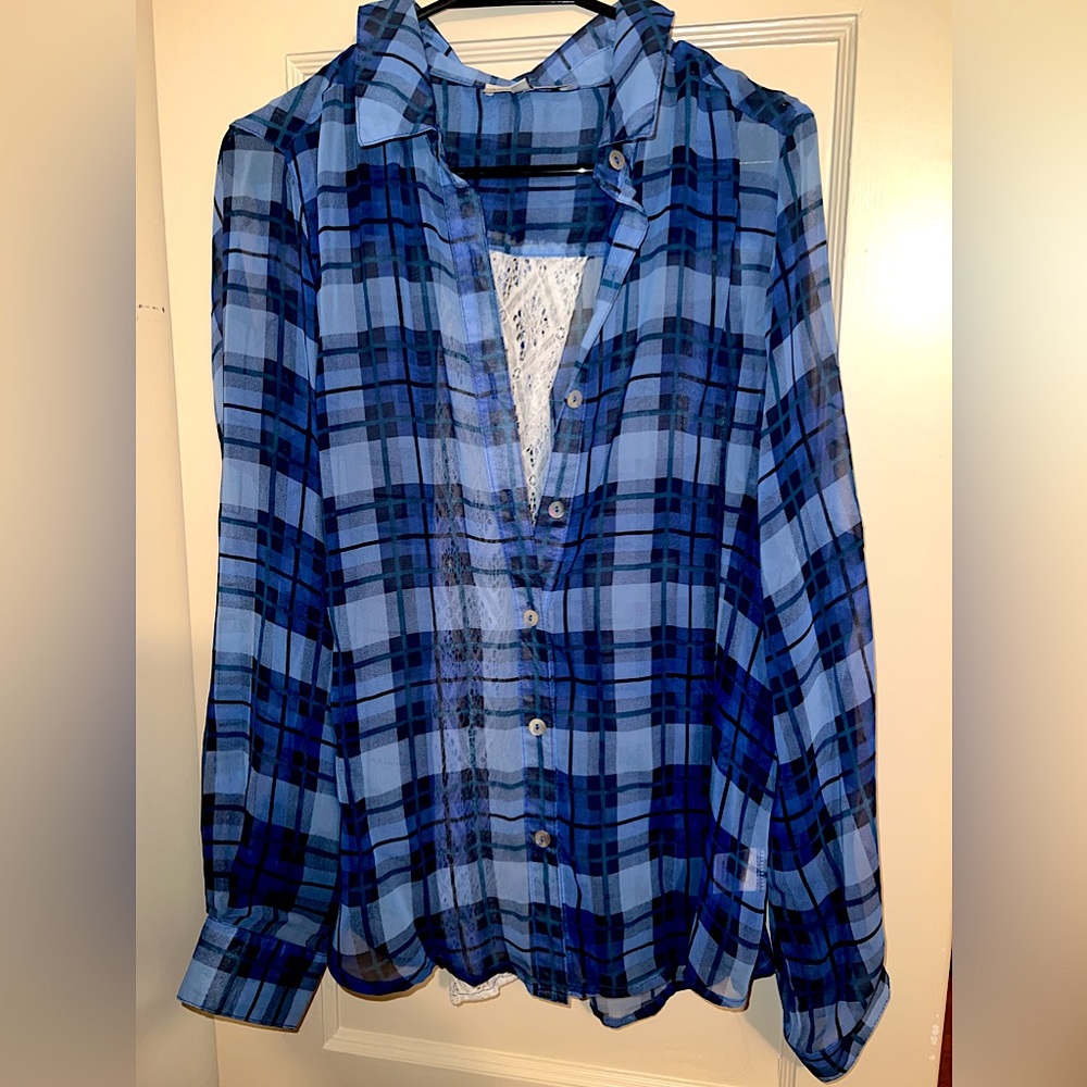 Sheer blue plaid button down